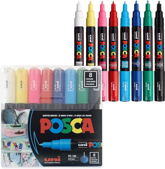 UNI POSCA PC-1M Acrylfarbmarker, 0,7 mm extrafeine Spitze, 8 Farben
