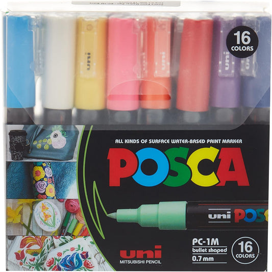 UNI POSCA PC-1M Acrylfarbmarker, 0,7 mm extrafeine Spitze, 16 Farben