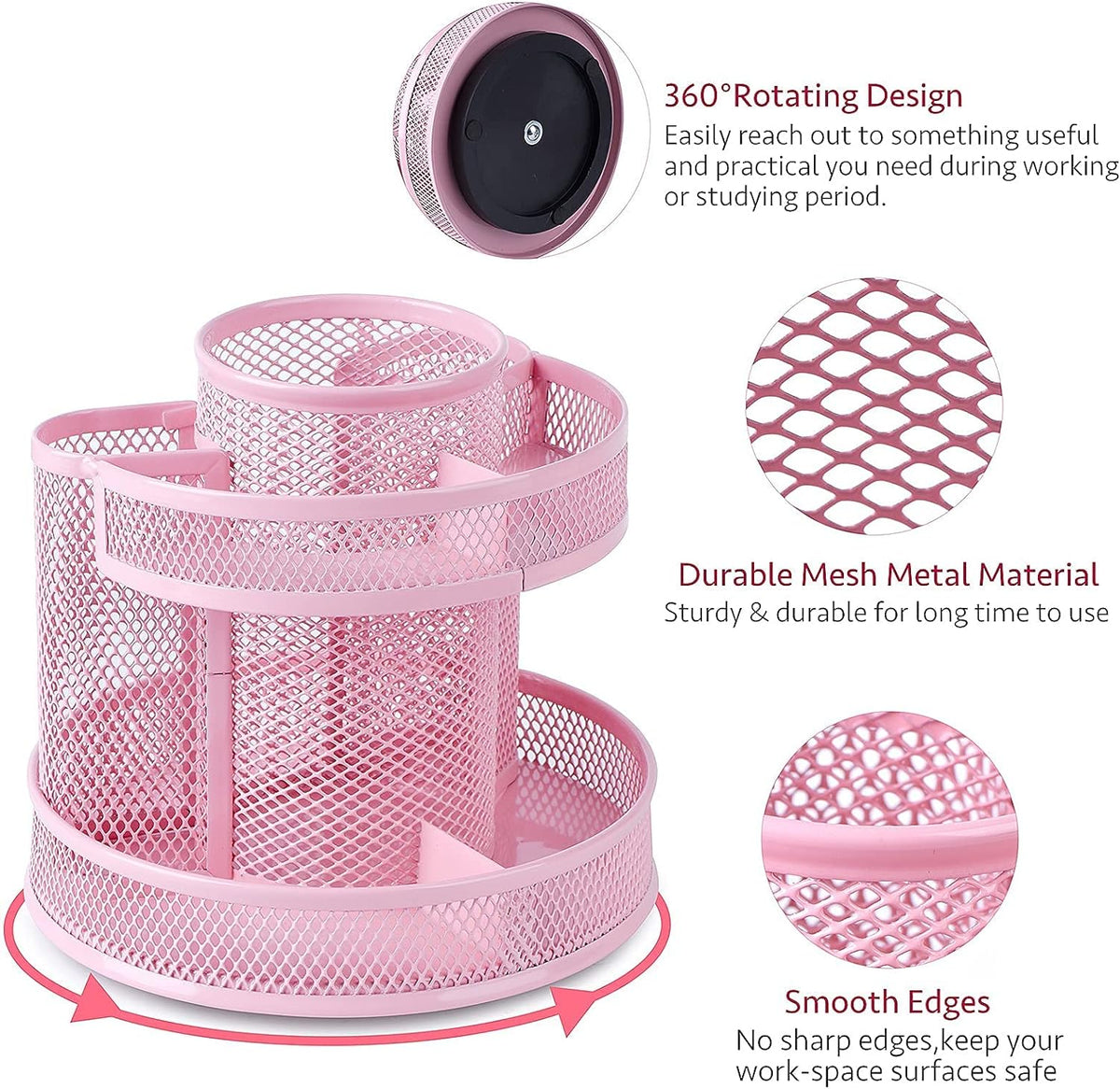 Pink Kawaii Desk Pen Pencil Organizer 360 Revolving