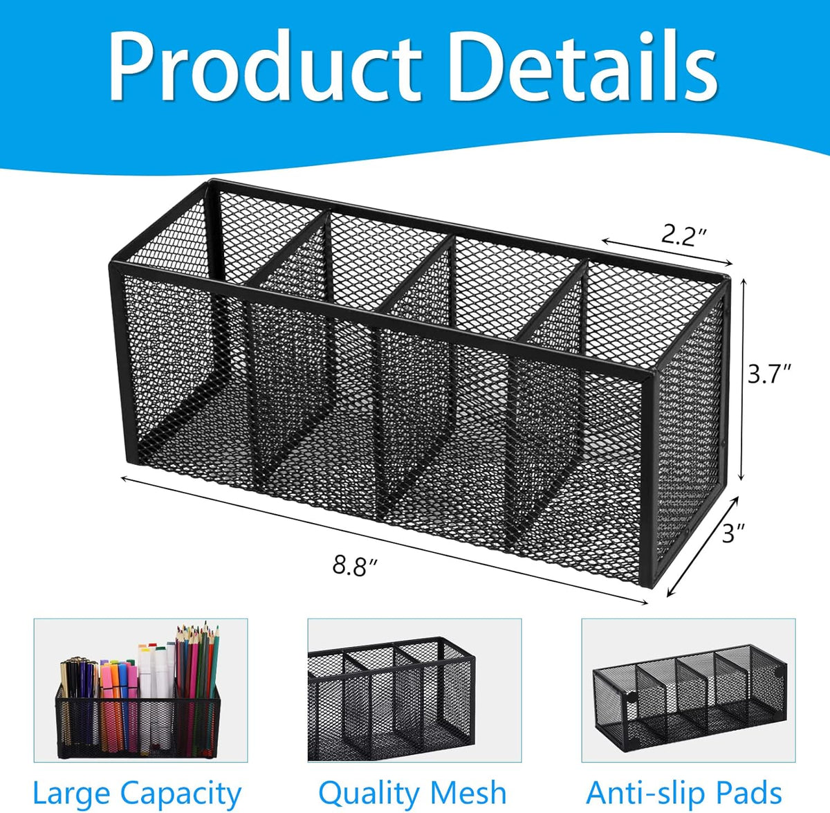 Black Mesh Pen Pencil Holder, Small Metal Desk Organizer