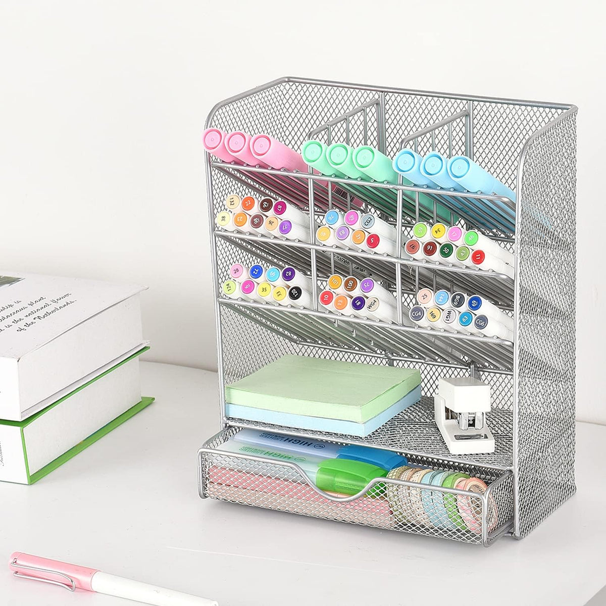 Metal Pen Holder Desk Organizer with 10 Compartments and 1 Drawer Silver