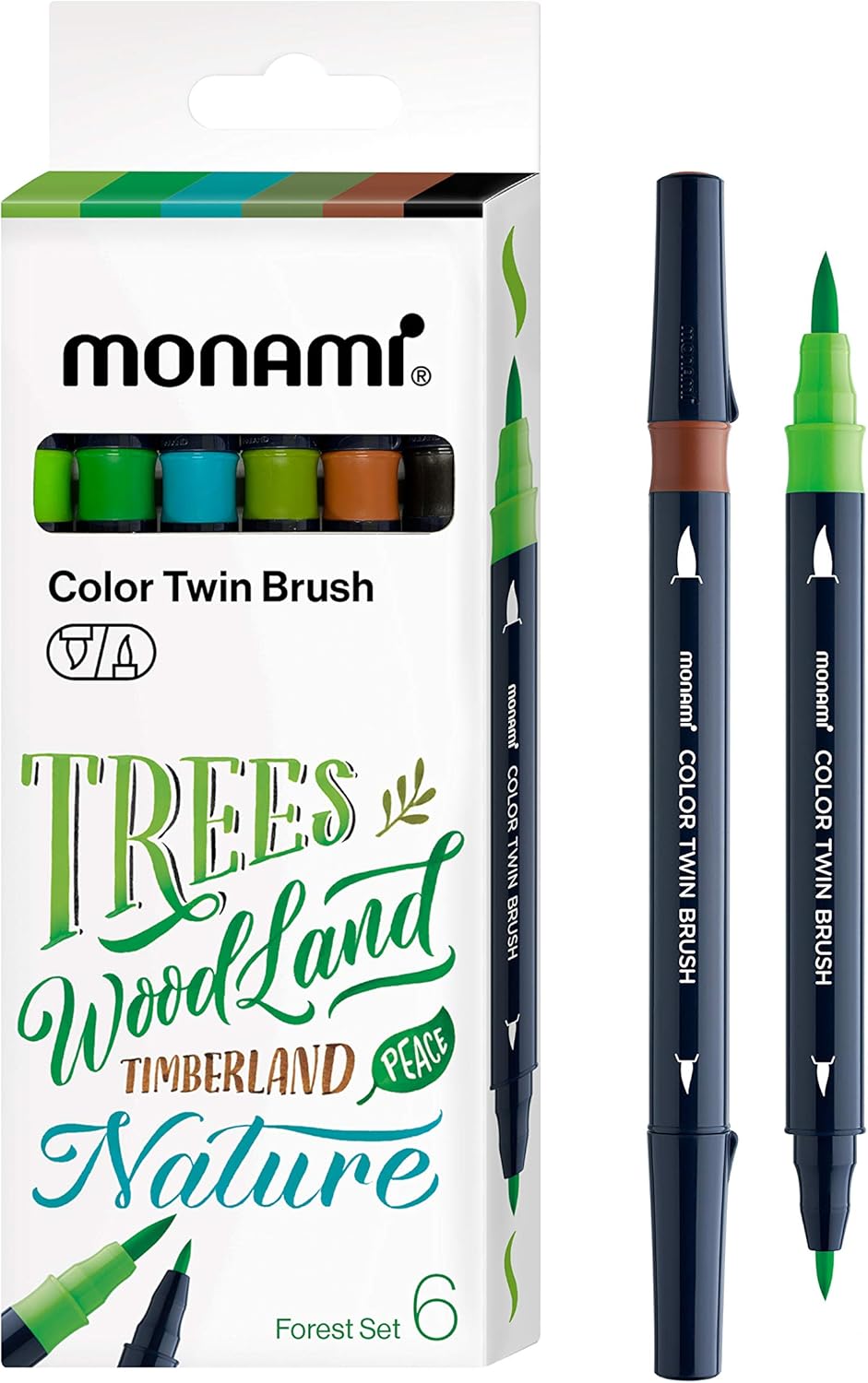 MONAMI Color Twin Brush Marker Pens,Forest 6-Pack
