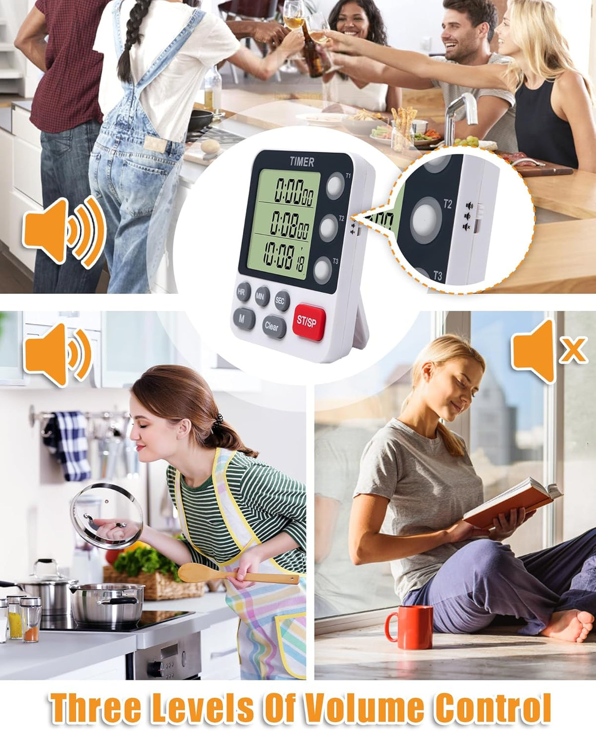 Kitchen Timer Digital - 3 Channel for Cooking with Alarm