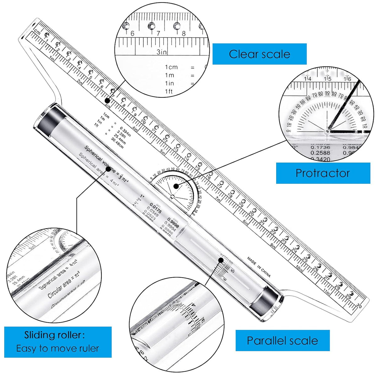 Multifunktionales Rolllineal zum Zeichnen paralleler Rollenlineale 6/12 Zoll