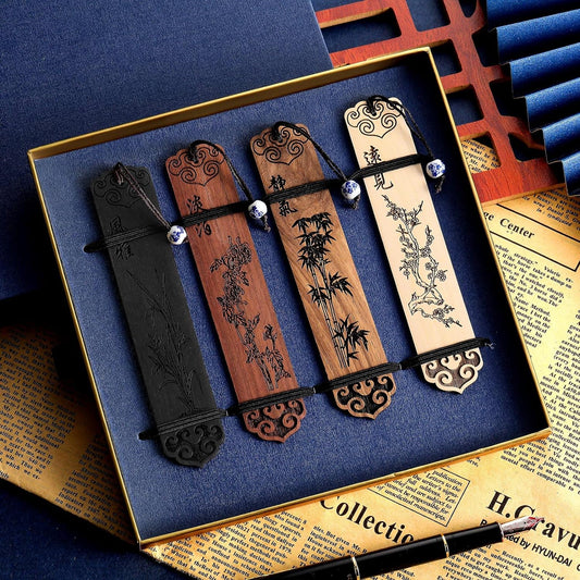 Handgefertigtes Lesezeichen-Box-Set mit Schnitzerei aus natürlichem Holz