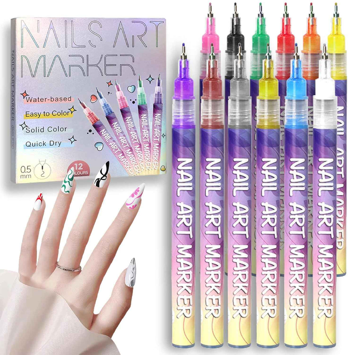 12 Colors 3D Nail Art Marker Pens Set 0.5mm