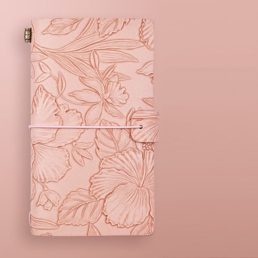 Vintage A6 Journal Notebook – Soft PU Leather Printed Cover, Elastic Closure, 192 Pages (96 Sheets) Pink