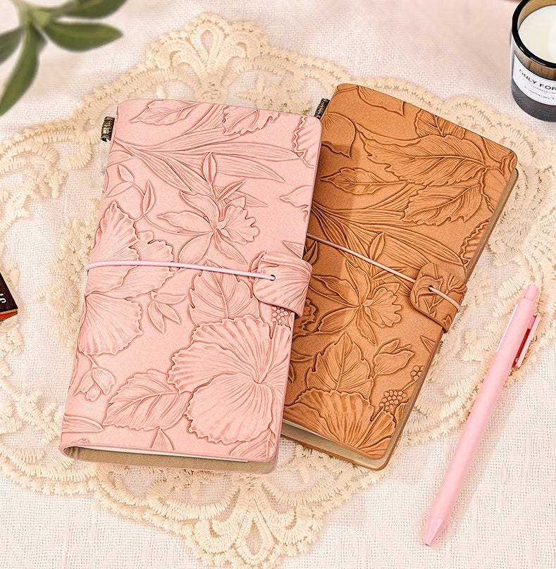 Vintage A6 Journal Notebook – Soft PU Leather Printed Cover, Elastic Closure, 192 Pages (96 Sheets)