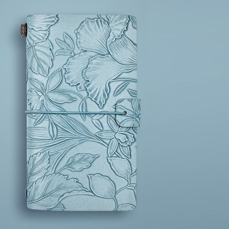 Vintage A6 Journal Notebook – Soft PU Leather Printed Cover, Elastic Closure, 192 Pages (96 Sheets) Lake Blue