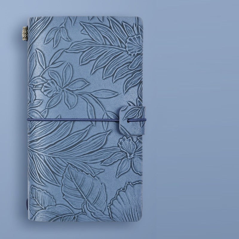 Vintage A6 Journal Notebook – Soft PU Leather Printed Cover, Elastic Closure, 192 Pages (96 Sheets) Navy Blue