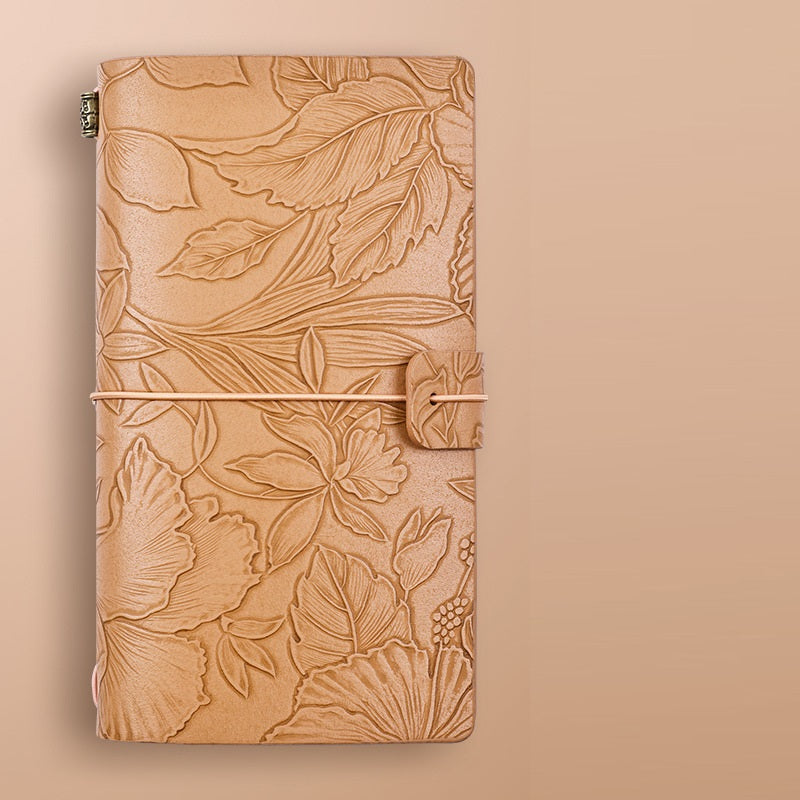 Vintage A6 Journal Notebook – Soft PU Leather Printed Cover, Elastic Closure, 192 Pages (96 Sheets) Light Brown