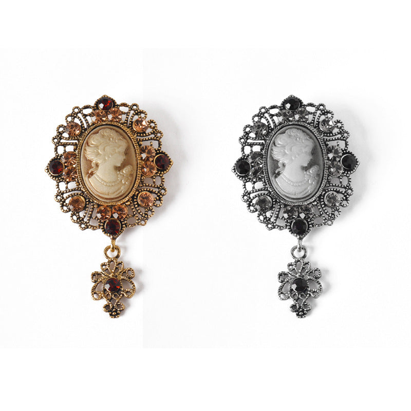 Vintage Queen Relief Metal Brooch with Rhinestones 2 Pack(Gold and Silver)