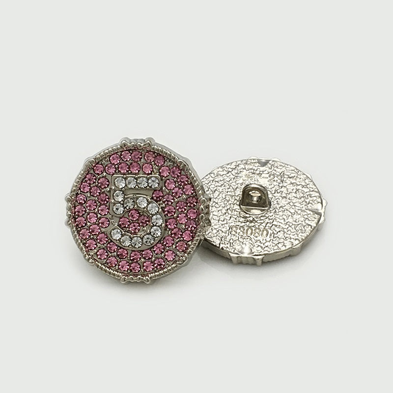 Number 5 Round Silver Metal Buttons with Pink Rhinestones 12pcs
