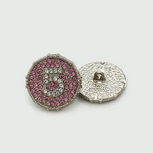 Number 5 Round Silver Metal Buttons with Pink Rhinestones 12pcs