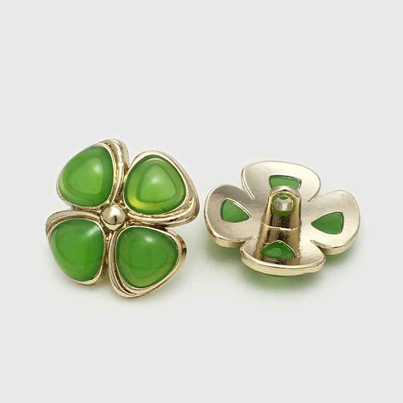17.5/20/22.5mm Four-Leaf Clover Cat's-Eye Stone Metal Buttons 12pcs Green