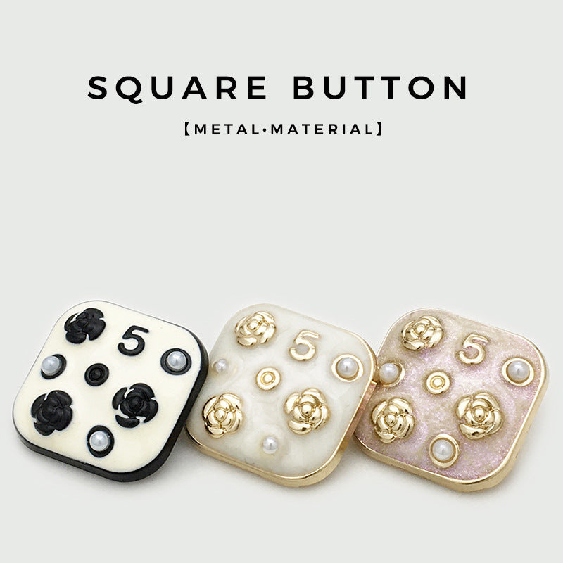 10/16/21mm Square Metal Buttons Number 5 Flower Pearl 12pcs