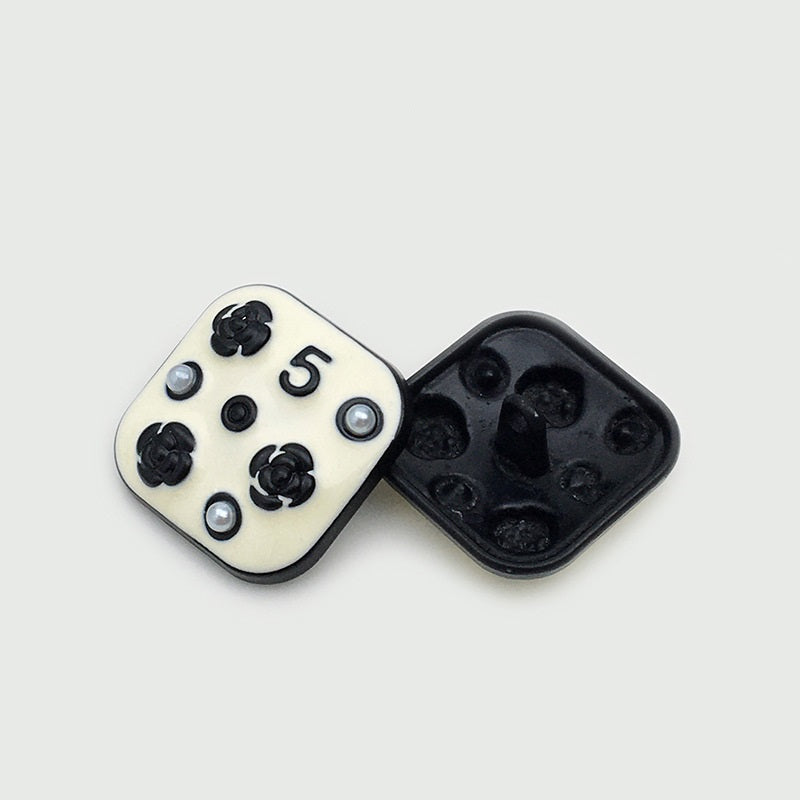 10/16/21mm Square Metal Buttons Number 5 Flower Pearl 12pcs Black