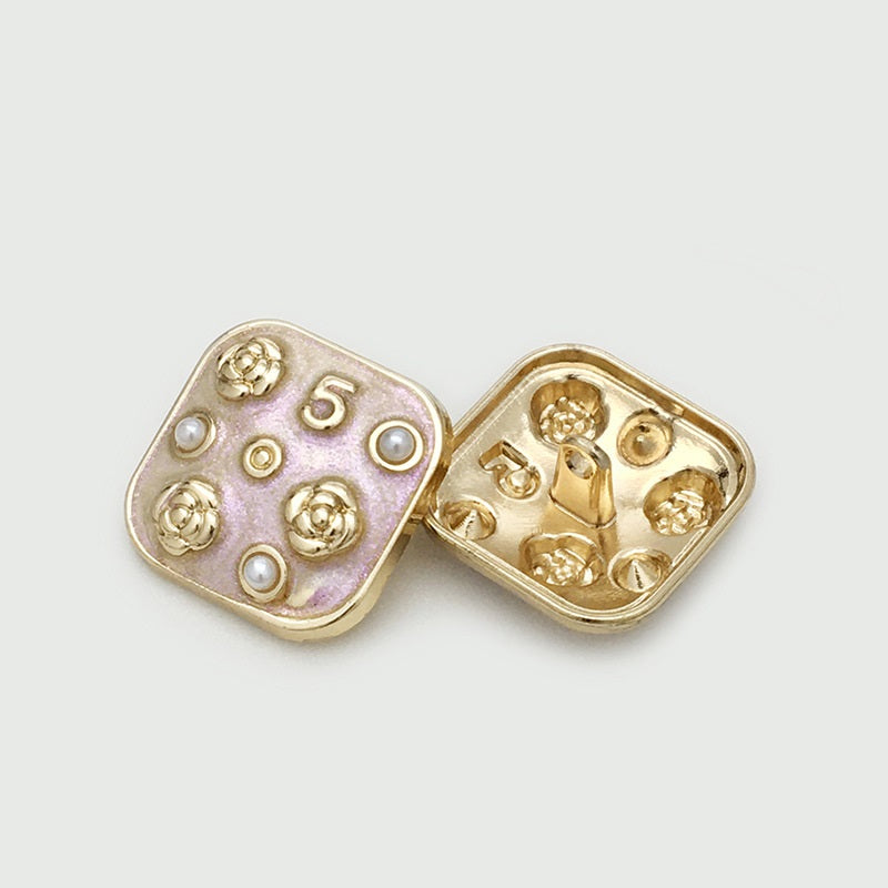 10/16/21mm Square Metal Buttons Number 5 Flower Pearl 12pcs Pink