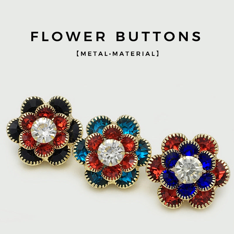 25mm Red Blue Black Diamond Flower Metal Buttons 6pcs