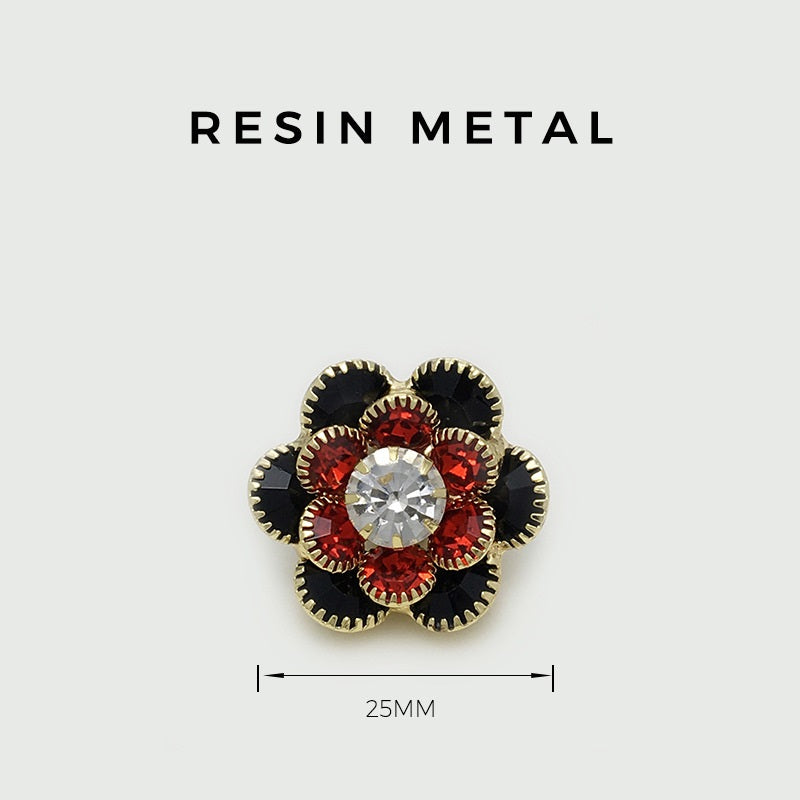 25mm Red Blue Black Diamond Flower Metal Buttons 6pcs