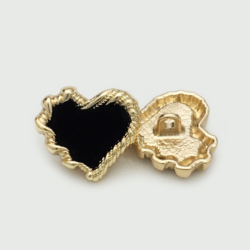 20/28/34mm Metal Heart Shaped Buttons with Colorful Velvet Surfaces 12pcs Black
