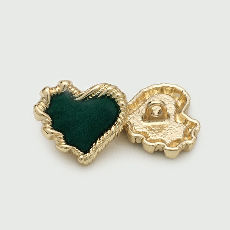 20/28/34mm Metal Heart Shaped Buttons with Colorful Velvet Surfaces 12pcs Green