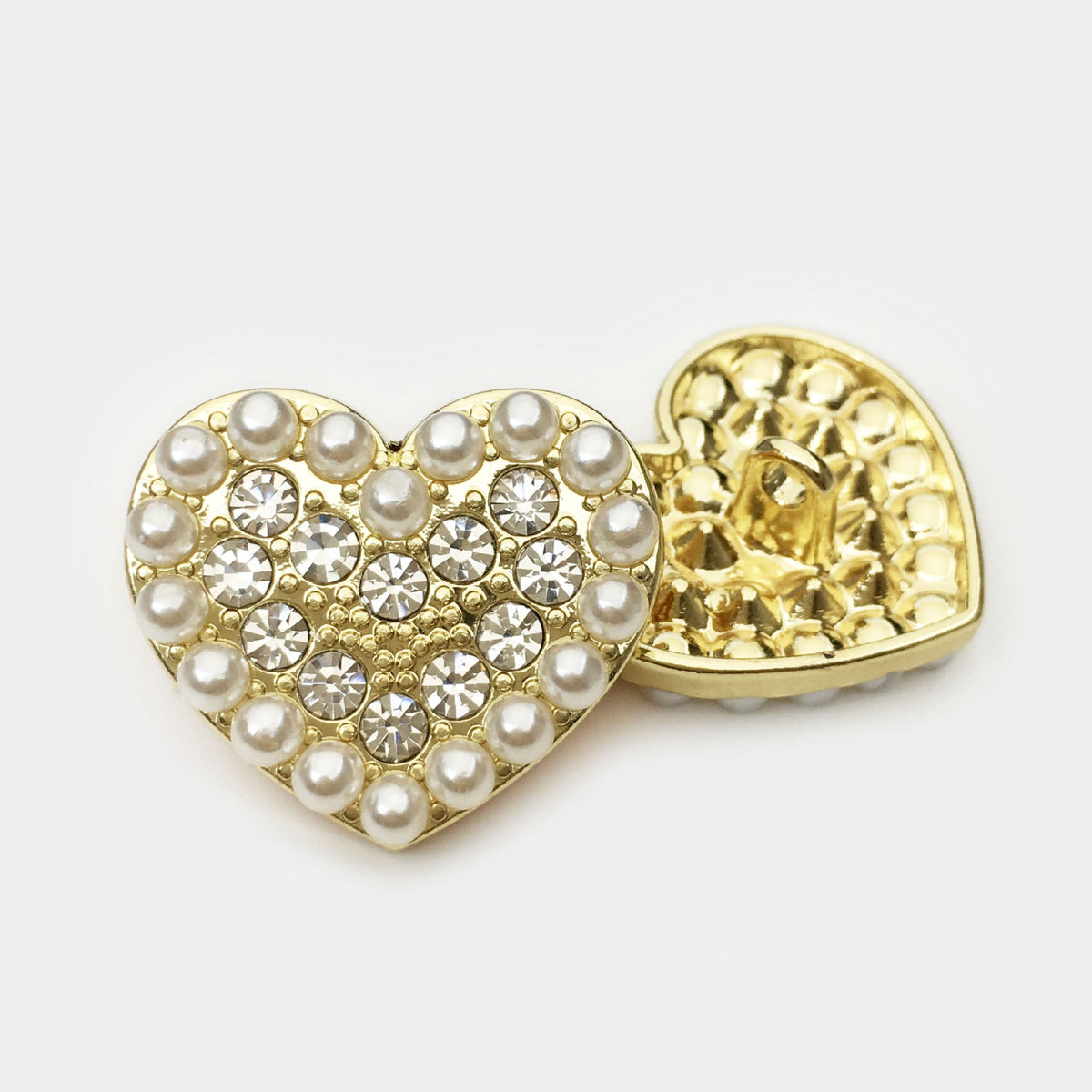 15/20/22.5mm Heart Shaped Metal Buttons with Diamonds Pearls 20PCS Gold