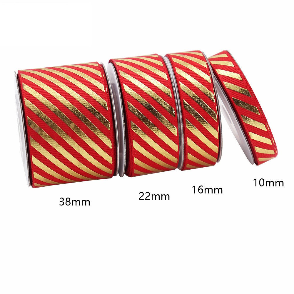 10/16/22/38mm Gold Foil Diagonal Stripe Grosgrain Ribbon 4 Pack Red