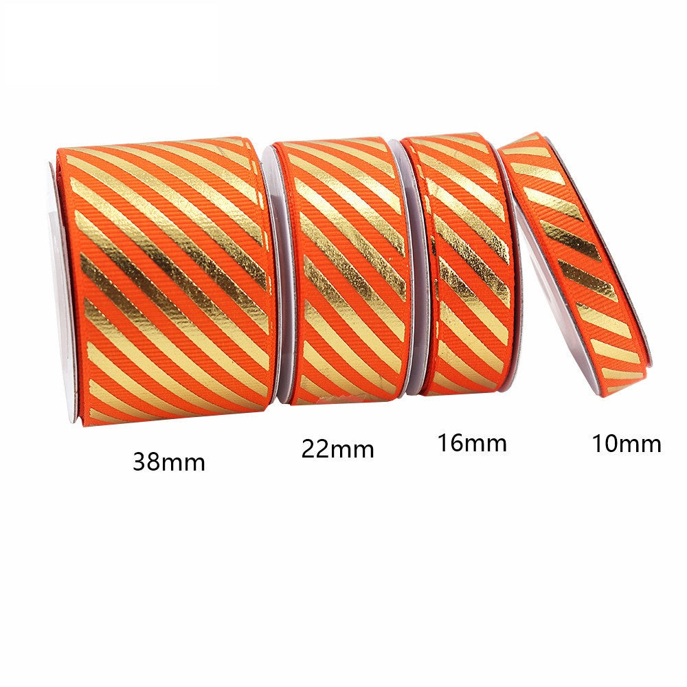 10/16/22/38mm Gold Foil Diagonal Stripe Grosgrain Ribbon 4 Pack Orange