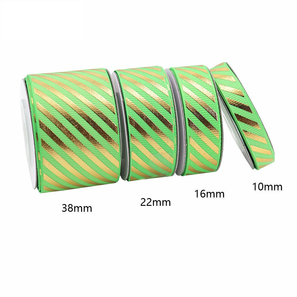 10/16/22/38mm Gold Foil Diagonal Stripe Grosgrain Ribbon 4 Pack Green