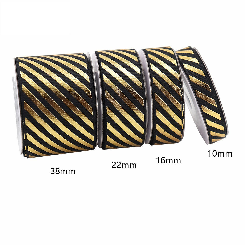 10/16/22/38mm Gold Foil Diagonal Stripe Grosgrain Ribbon 4 Pack Black
