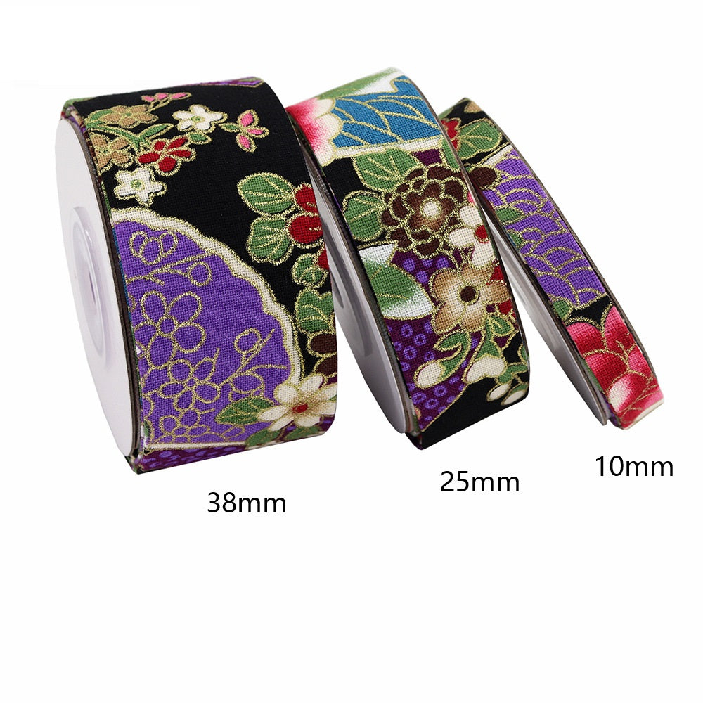 10/25/38mm Japanese Style Gold Foil and Fabric Ribbon 3 Sizes Set Black Purple
