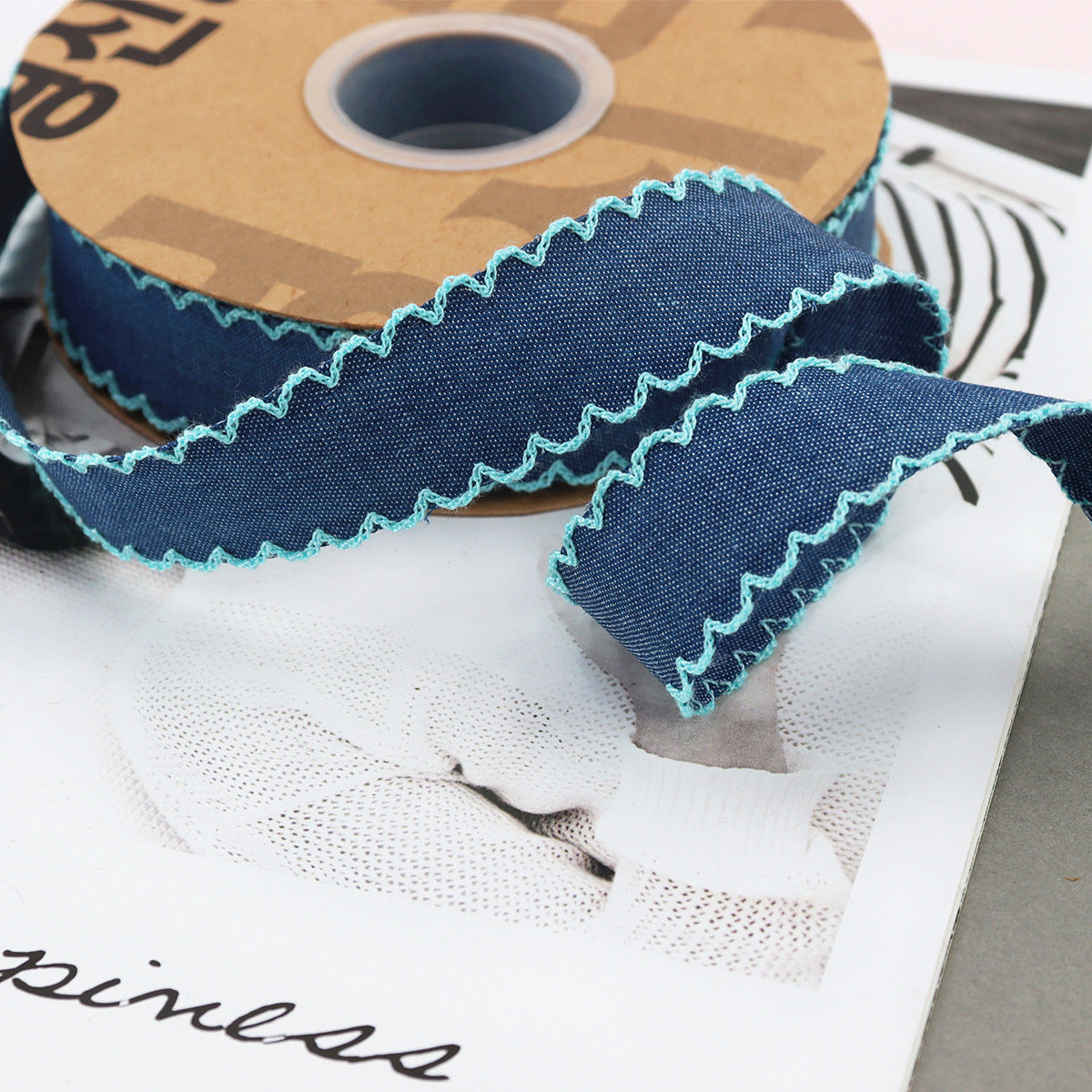 1/1.5 Inch Lace Edged Denim Ribbon 5 Yards Blue