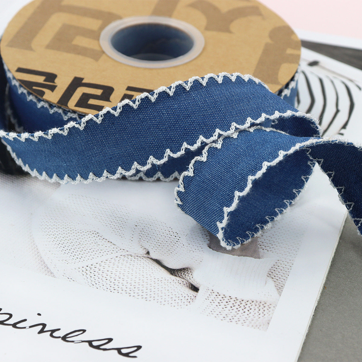1/1.5 Inch Lace Edged Denim Ribbon 5 Yards White