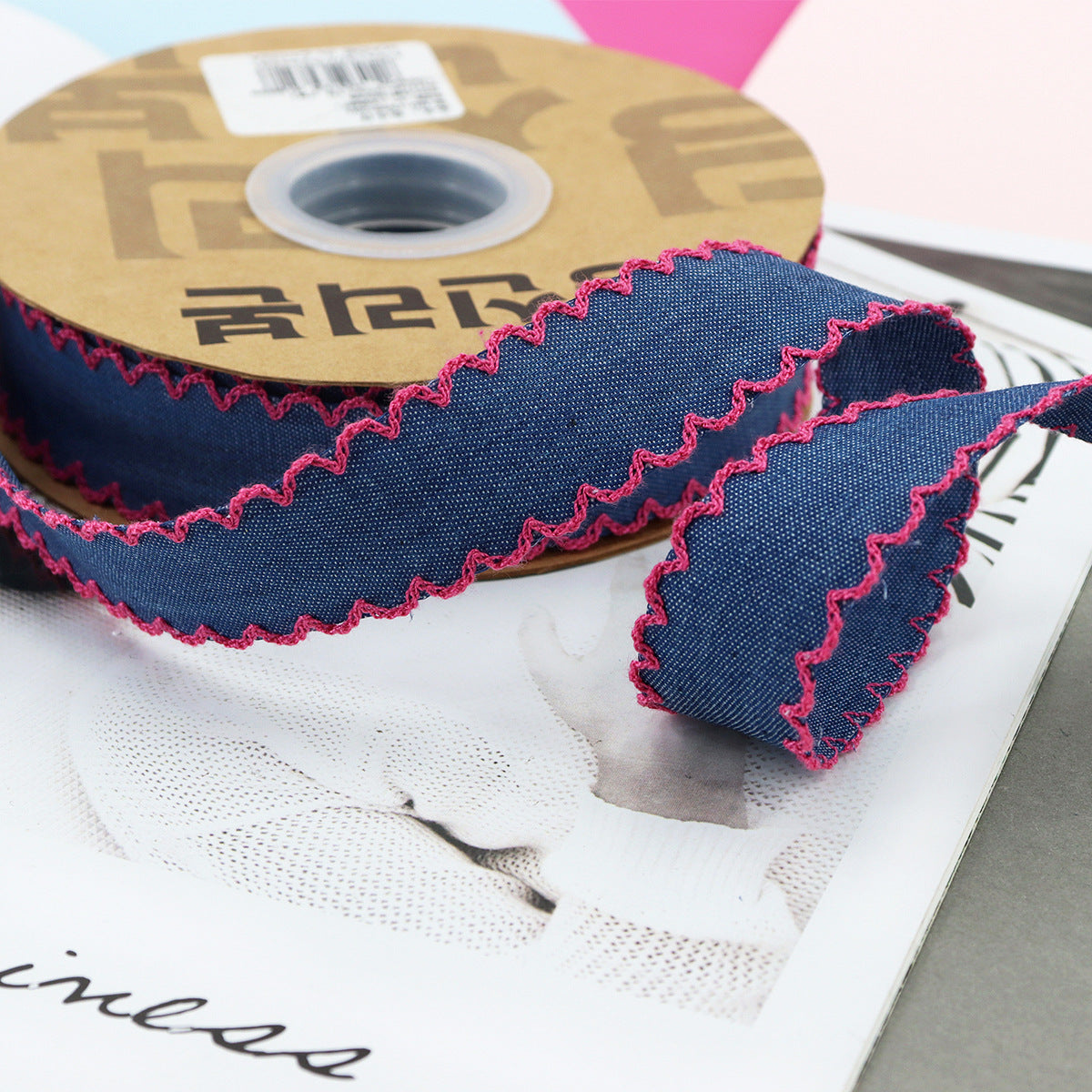 1/1.5 Inch Lace Edged Denim Ribbon 5 Yards Rose