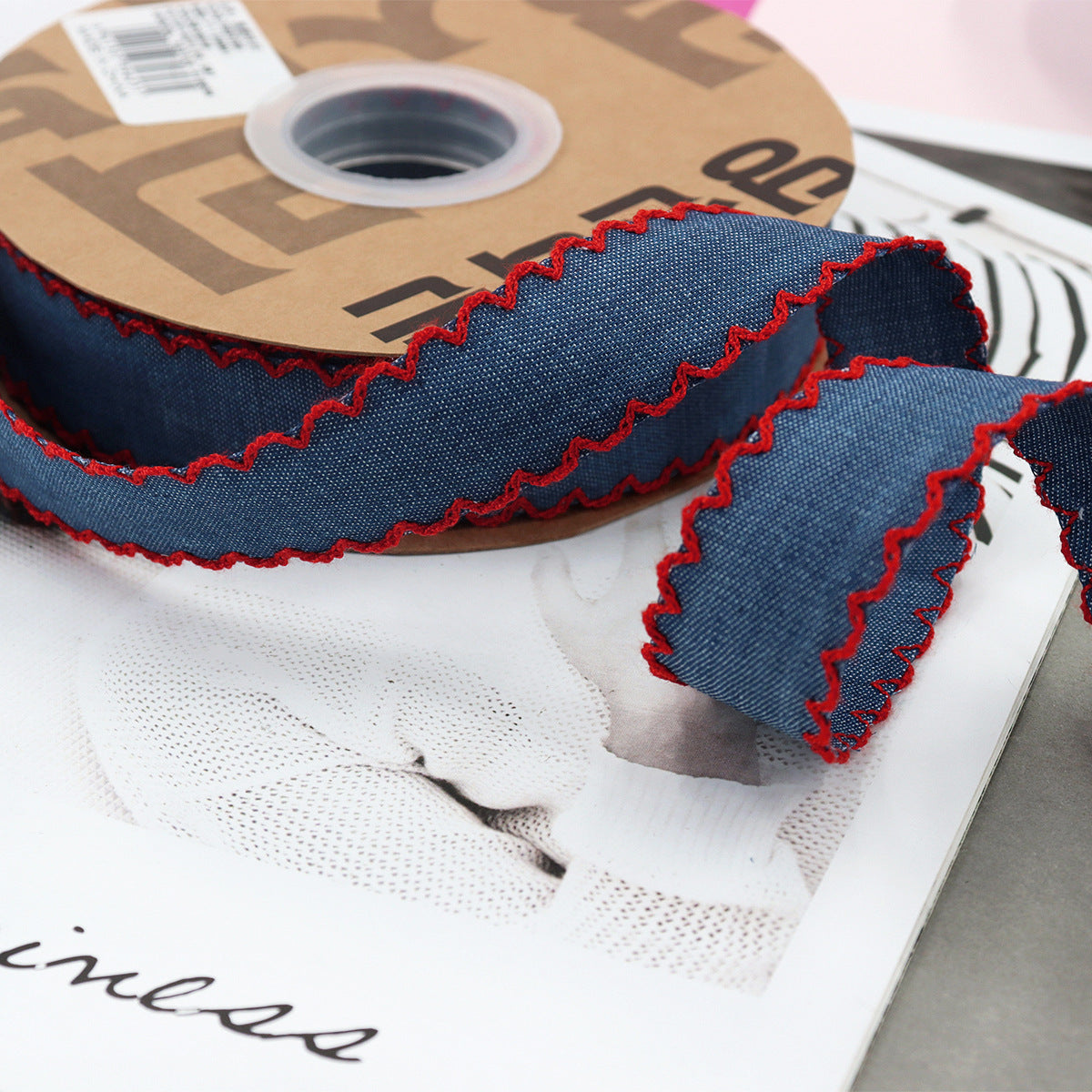 1/1.5 Inch Lace Edged Denim Ribbon 5 Yards Red