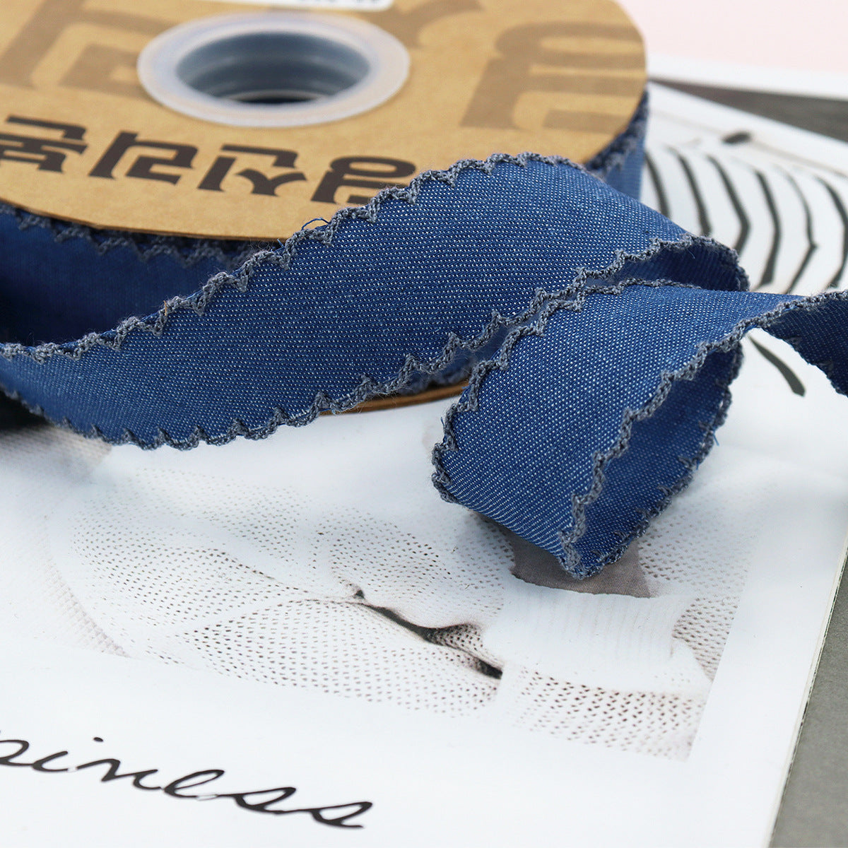 1/1.5 Inch Lace Edged Denim Ribbon 5 Yards Grey