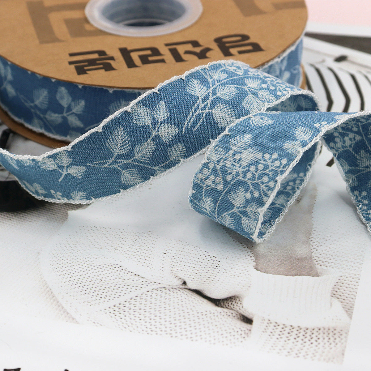 1/1.5 Inch Lace Edged Denim Ribbon 5 Yards White 1