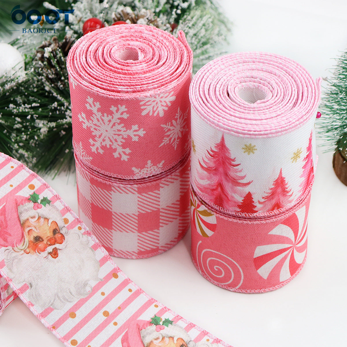 63mm 2.5 inch Pink Christmas Wired Hemming Tape 5 Pack