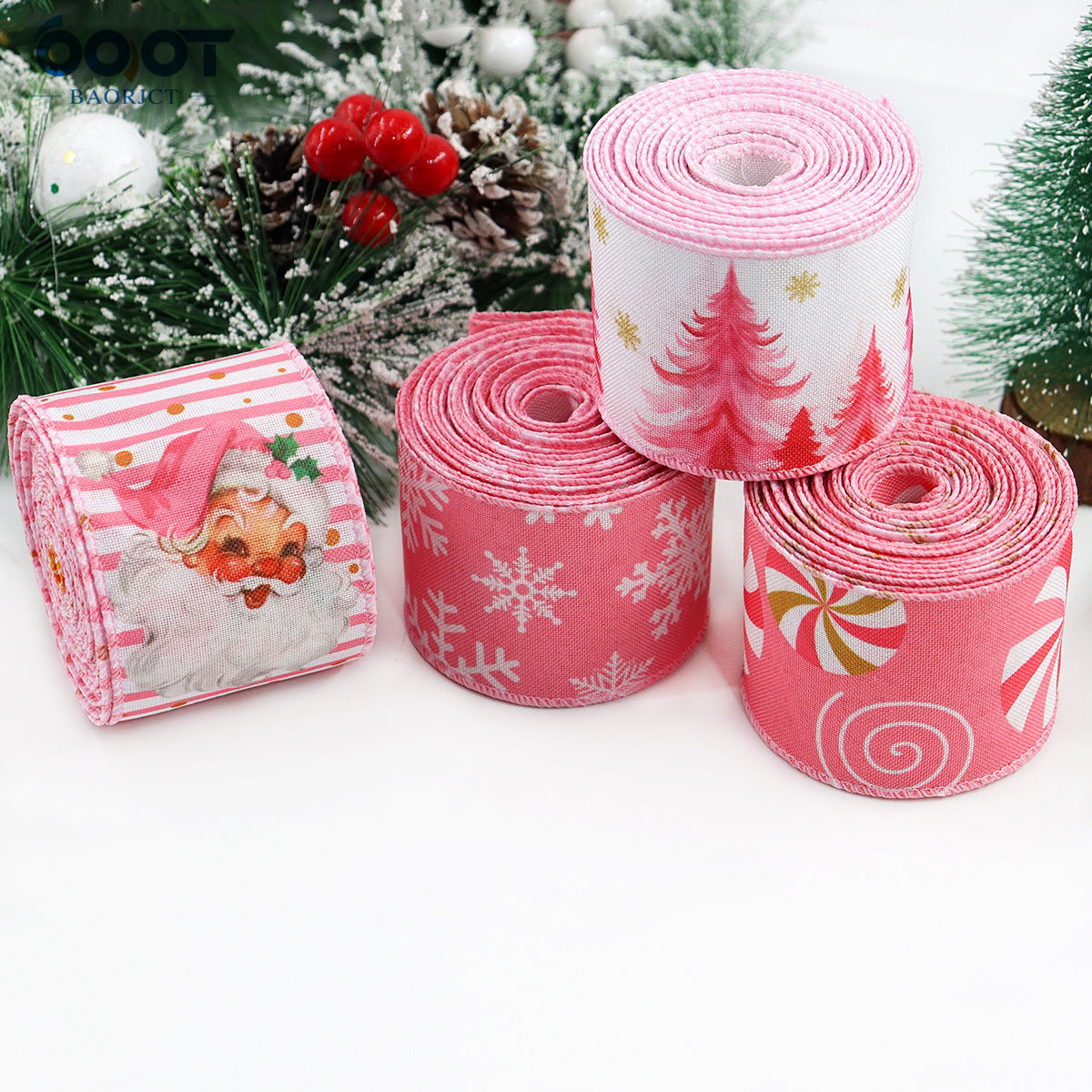 63mm 2.5 inch Pink Christmas Wired Hemming Tape 5 Pack