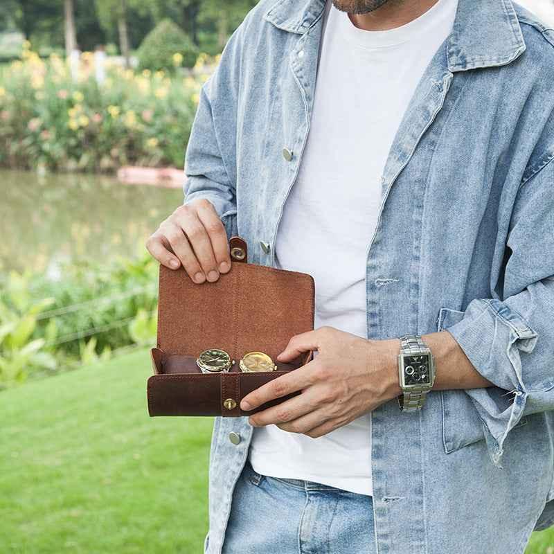 Genuine Leather Travel 3 Watch Case Roll Organizer