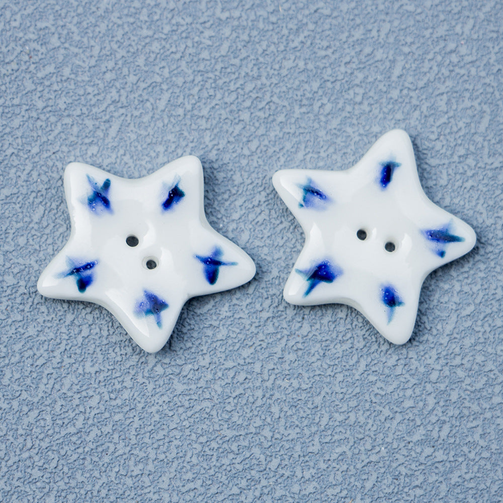 20mm Five-Pointed Star 2 Hole Ceramic Buttons for Handmade DIY Jewelry 10PCS White Blue