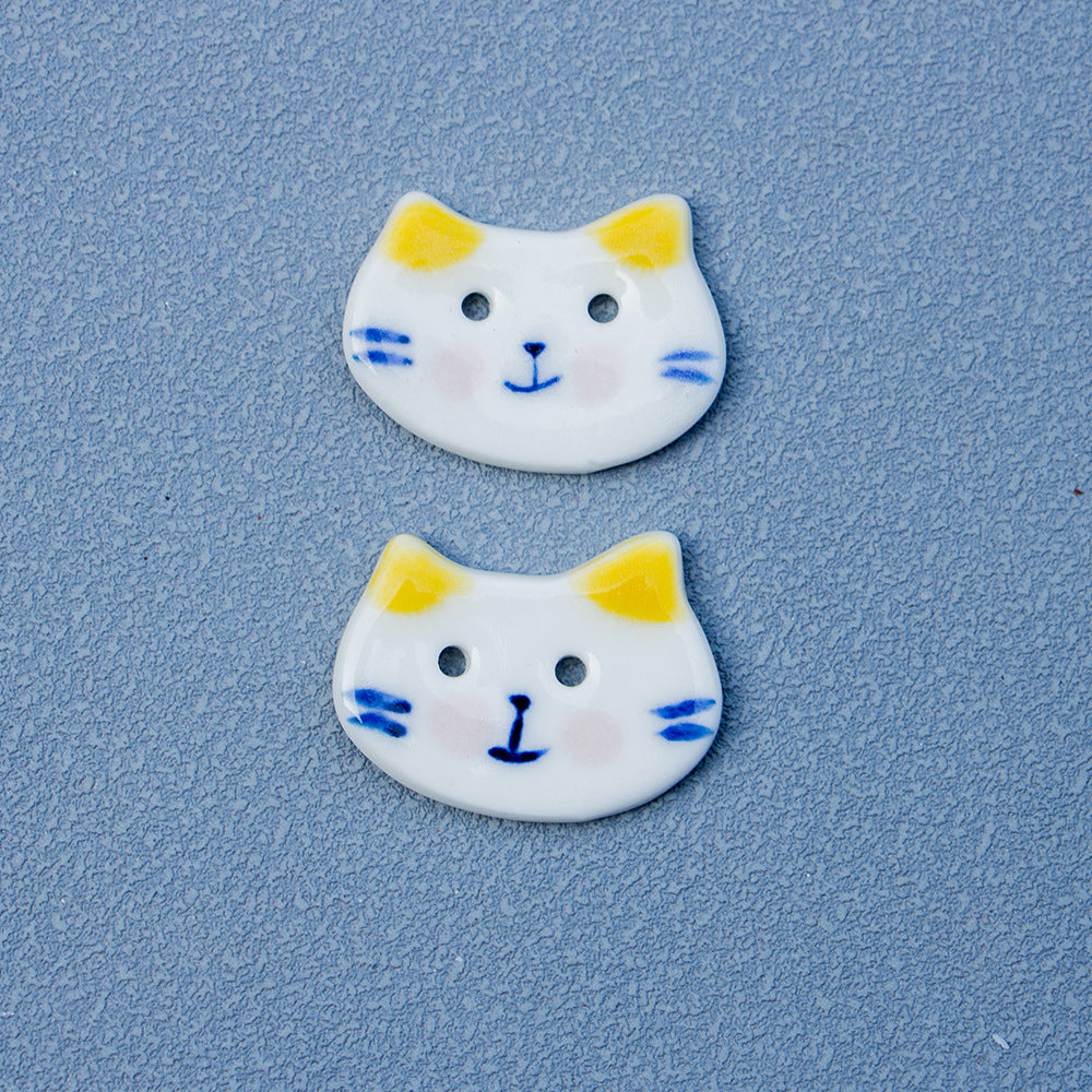 30mm Hand-Painted Small Blue White Big-Face Cat 2-Hole Ceramic Buttons 10PCS Yellow