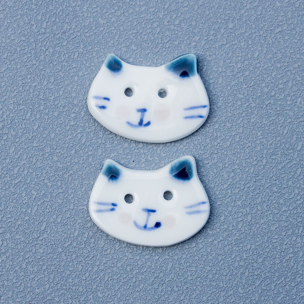 30mm Hand-Painted Small Blue White Big-Face Cat 2-Hole Ceramic Buttons 10PCS Blue