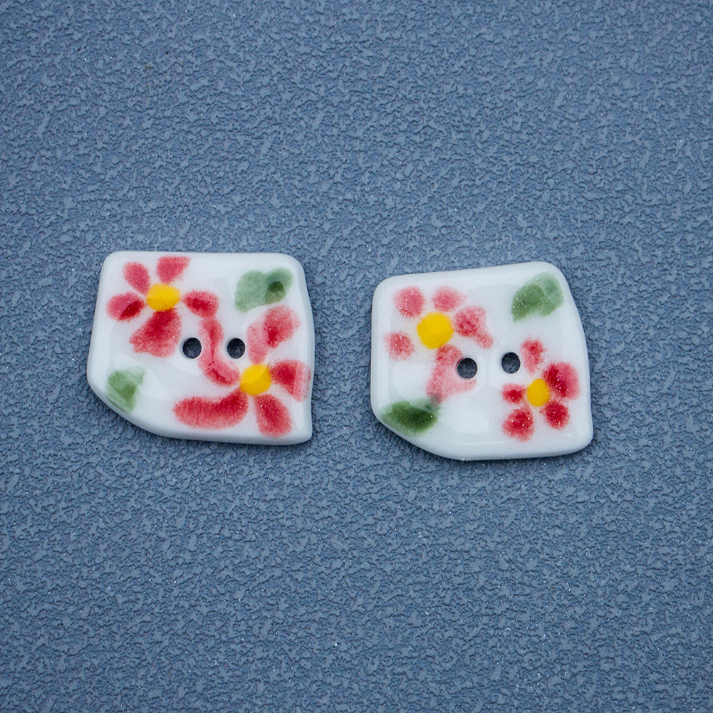 Trapezoidal 2 Hole Hand Painted Flower Flame Ice Cream Ceramic Buttons 4pcs 2 Flower