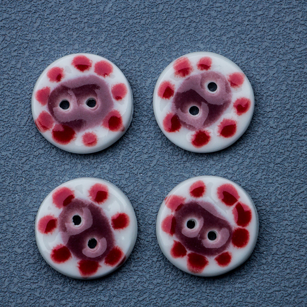 19.5mm Red-Dotted Round 2-Hole Handmade Ceramic Buttons 10pcs