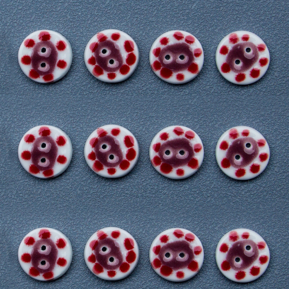 19.5mm Red-Dotted Round 2-Hole Handmade Ceramic Buttons 10pcs