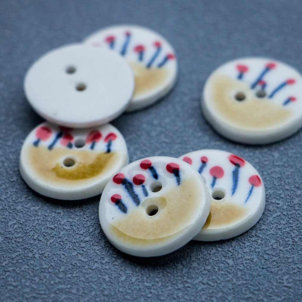 20mm Tea Yellow Small Red Flower Round 2 Hole Handmade Ceramic Buttons 4pcs