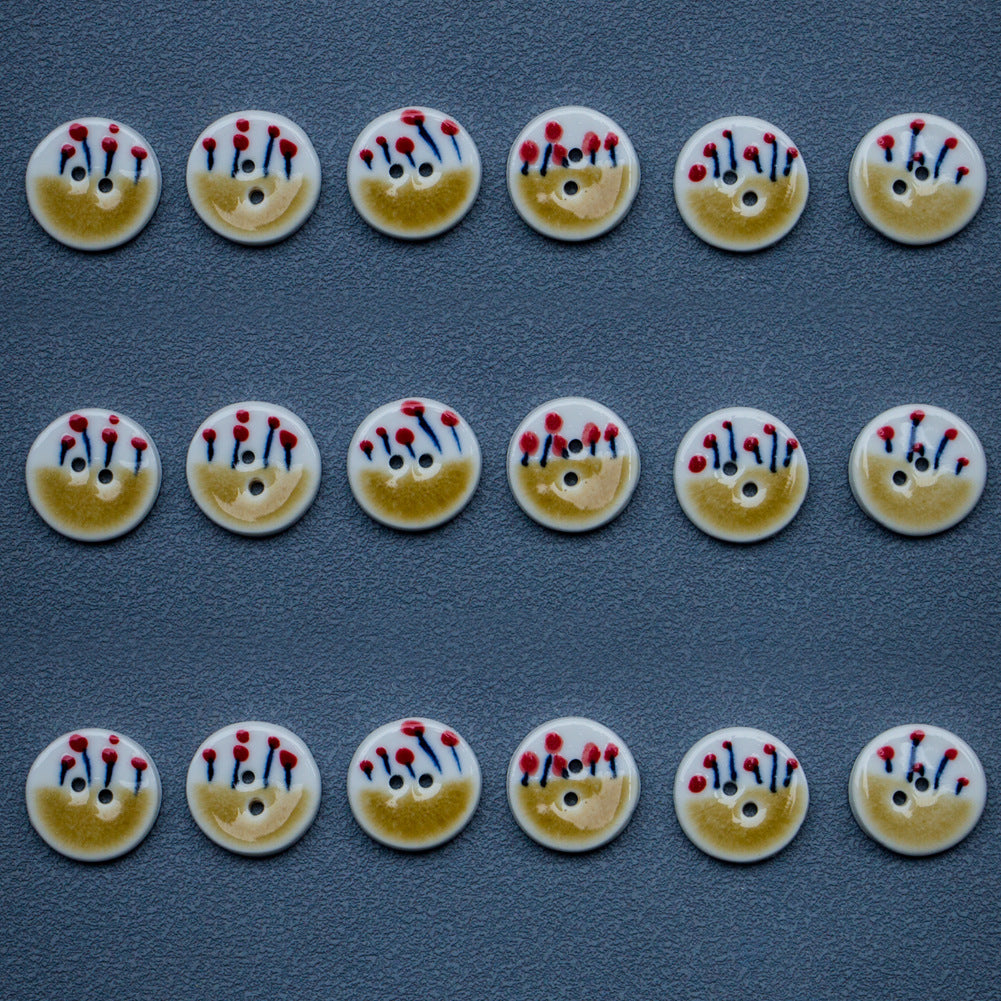 20mm Tea Yellow Small Red Flower Round 2 Hole Handmade Ceramic Buttons 4pcs