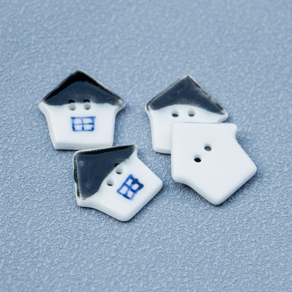 22mm Black and White Small House 2 Hole Hand Painted Ceramic Buttons 10pcs